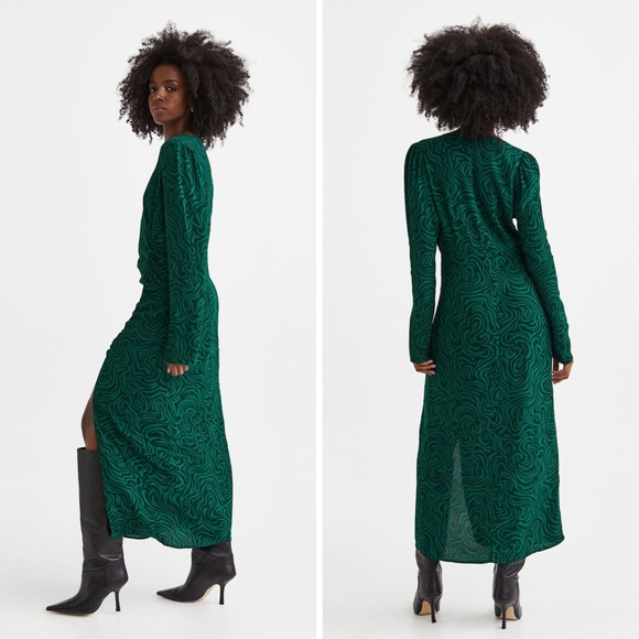 H&M Green Crêpe Midi Dress Long Puffy Sleeves Ruched Slit Skirt Size XXL BNWT - Picture 2 of 11